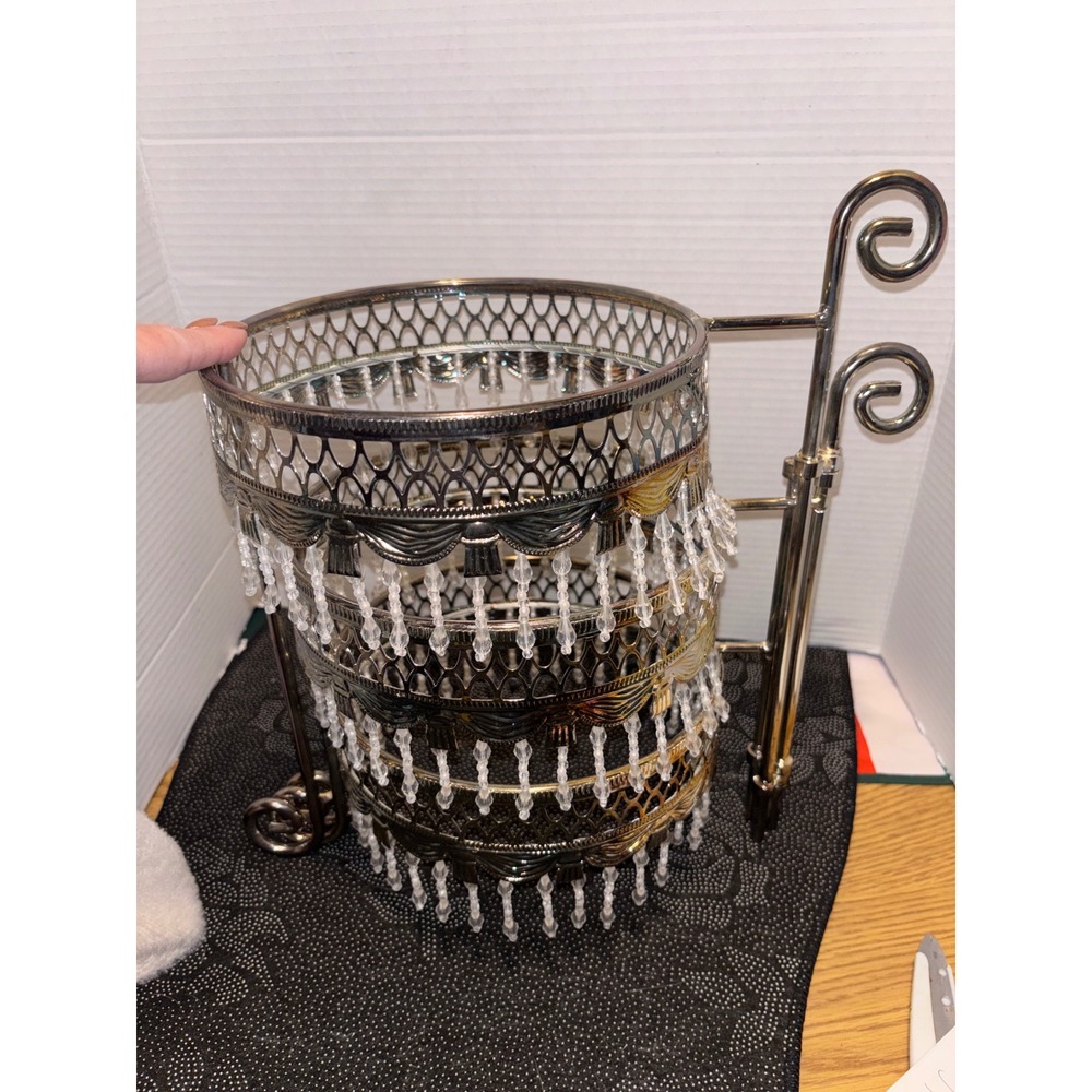 Silver 3 Tier Chandelier Dessert Stand Crystal Bead Filigree Cupcake Tower